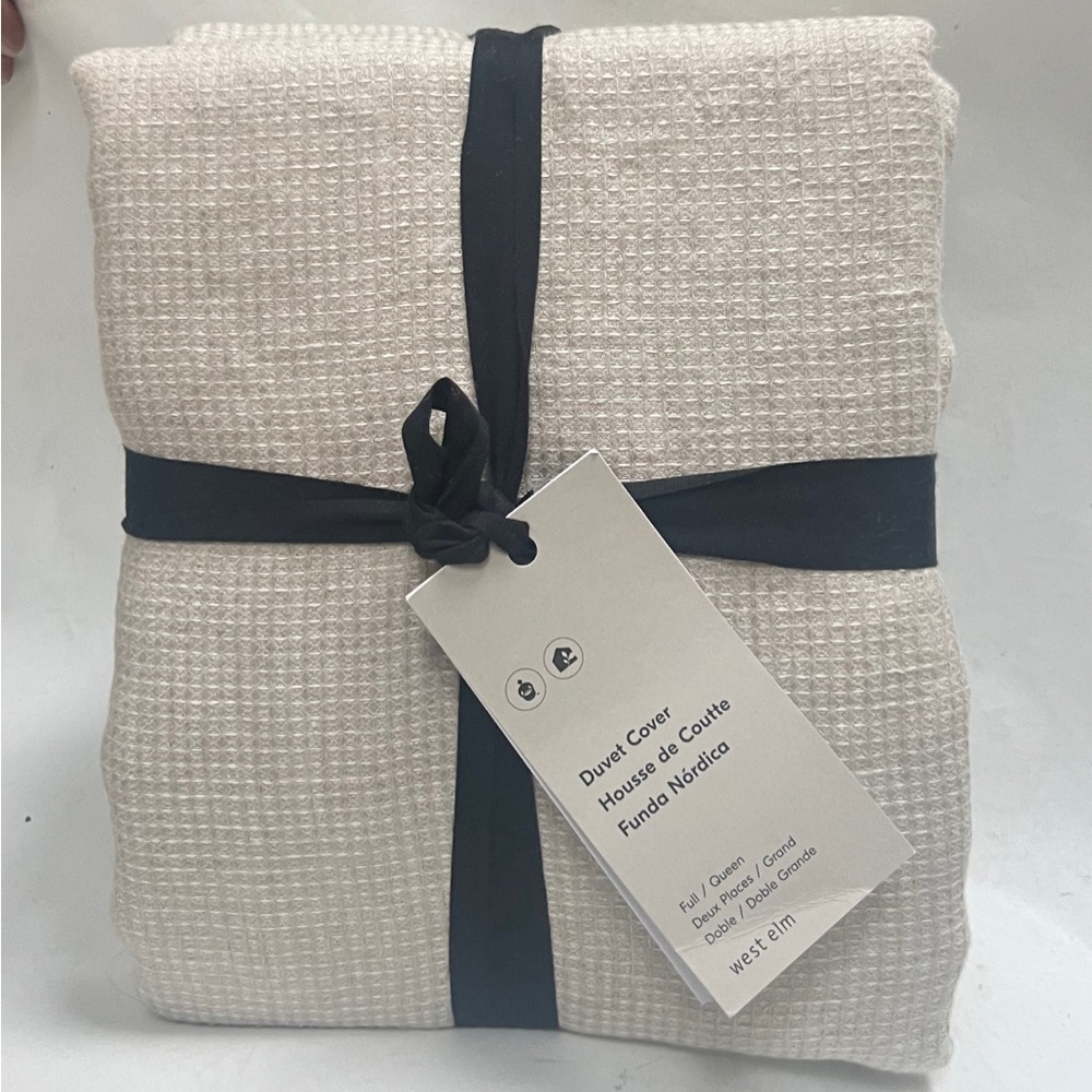 New West Elm EUROPEAN FLAX LINEN MINI WAFFLE Duvet Cover Full/Queen Natu…
